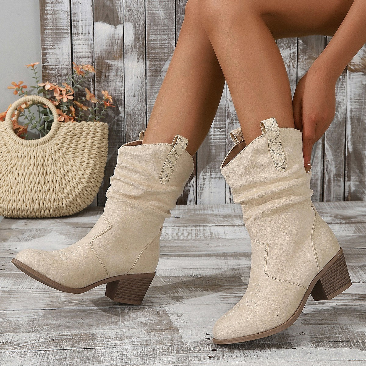 Torvild cream slouch western boots worn