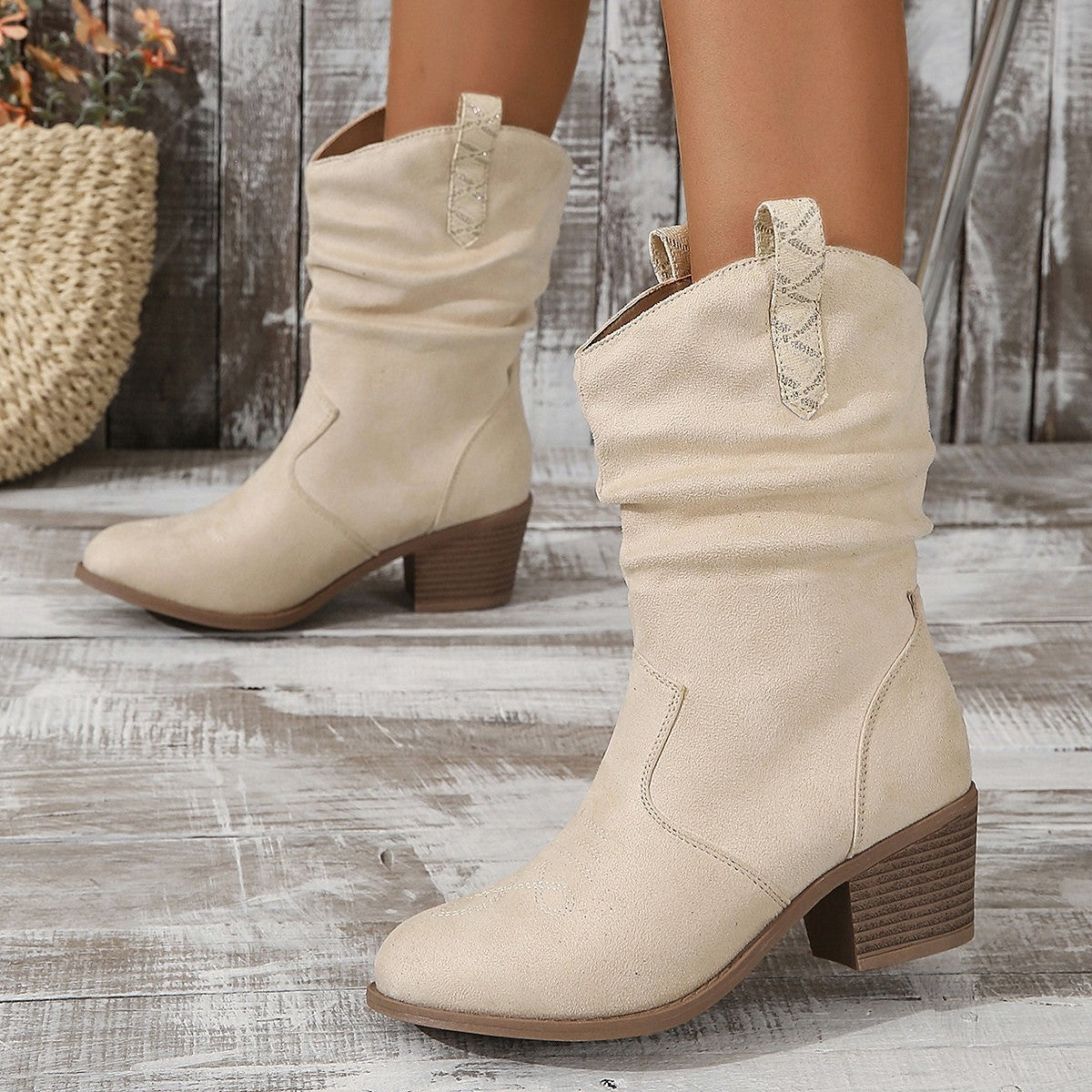 Torvild cream western boots with block heel