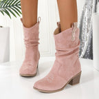 Torvild pink ruched boots, front view
