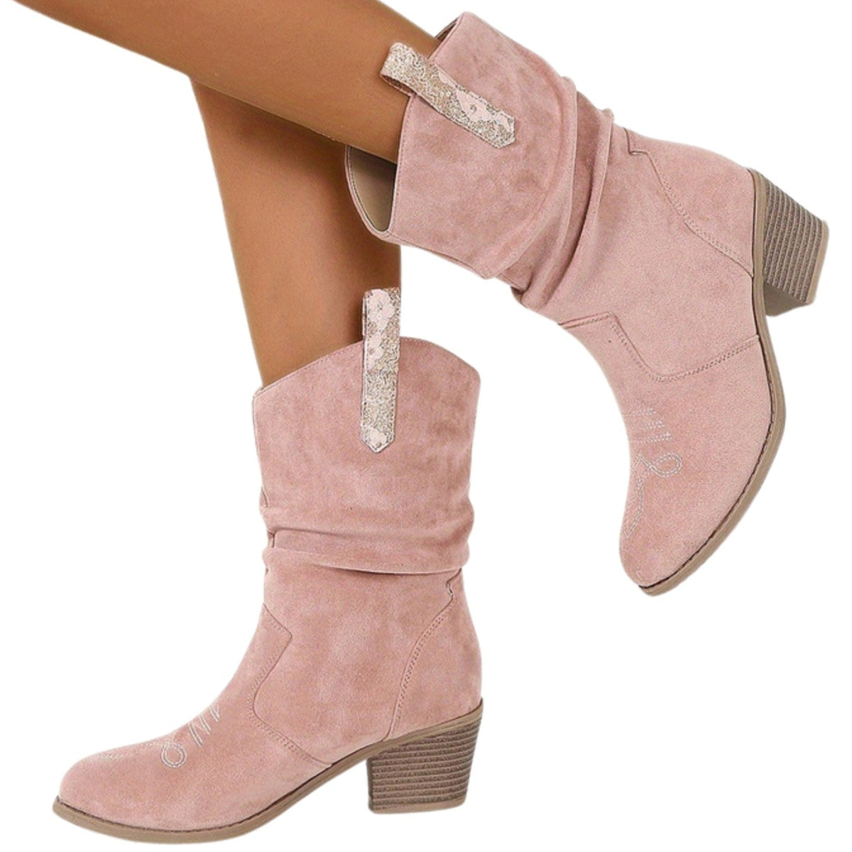 Torvild pink slouch western ankle boots worn