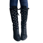 Tove black lace-up knee-high boots, front view of the pair