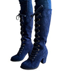 Tove blue lace-up knee-high boots with chunky block heel
