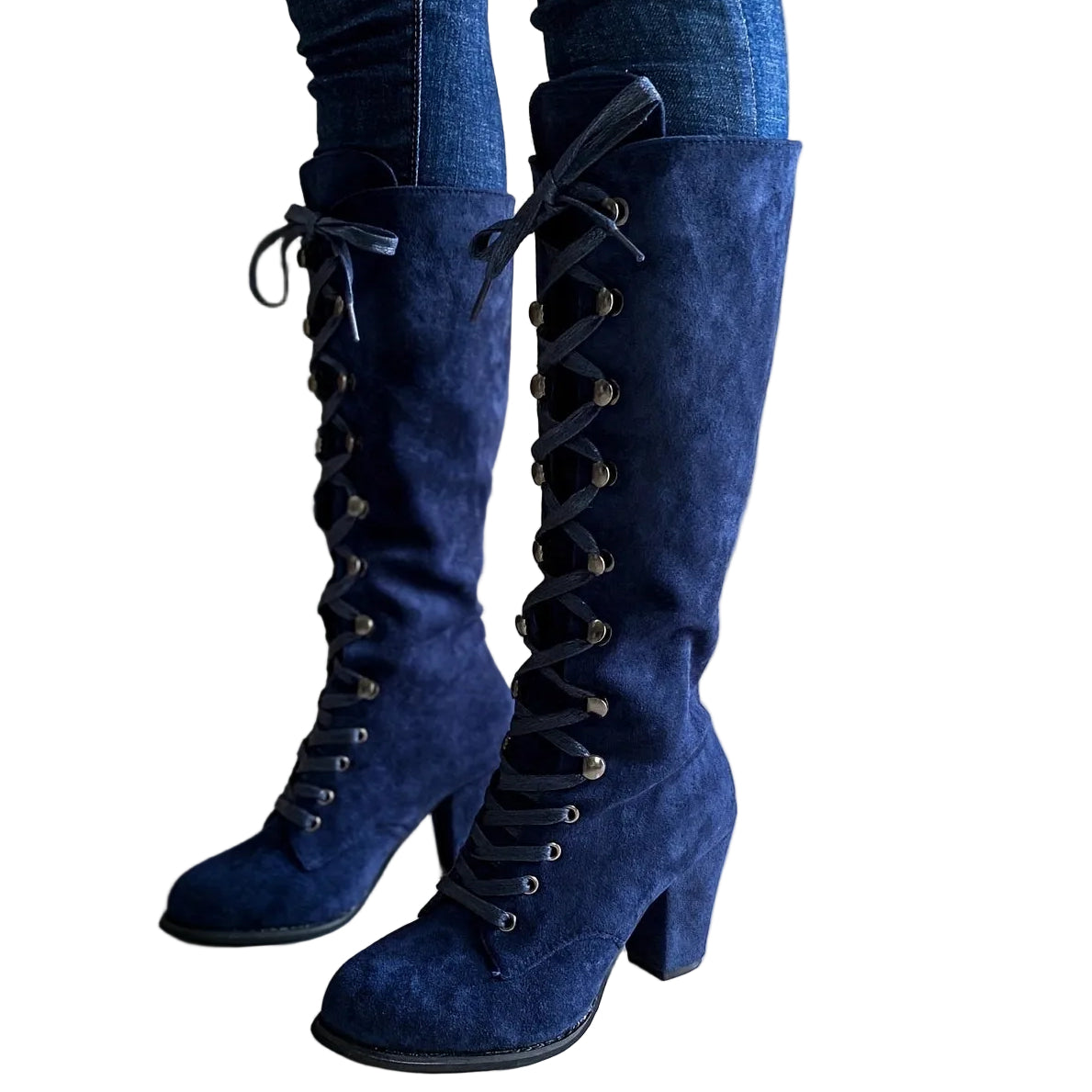 Tove blue lace-up knee-high boots with chunky block heel