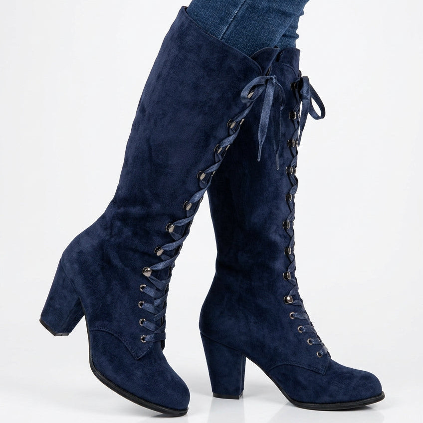 Tove blue lace-up knee-high boots with block heel, walking