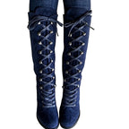 Tove blue faux-suede lace-up knee-high boots, front view