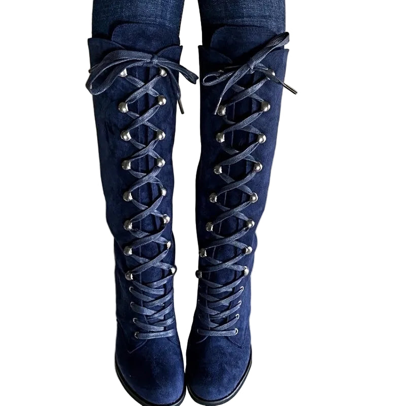 Tove blue faux-suede lace-up knee-high boots, front view