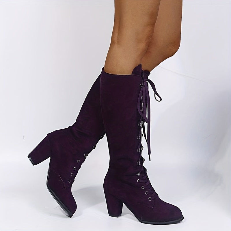 Tove purple lace-up knee-high boots with block heel, side view