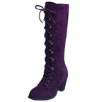 Tove purple lace-up knee-high boot, side view