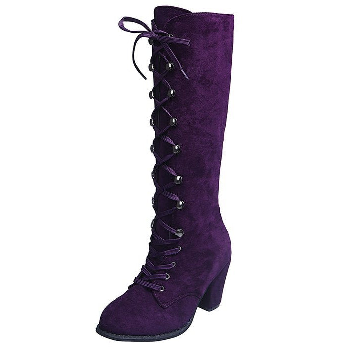 Tove purple lace-up knee-high boot, side view