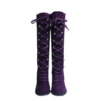 Tove purple lace-up knee-high boots, front view of the pair