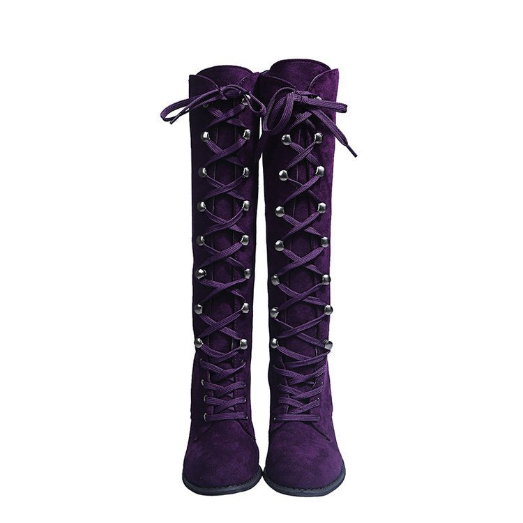 Tove purple lace-up knee-high boots, front view of the pair
