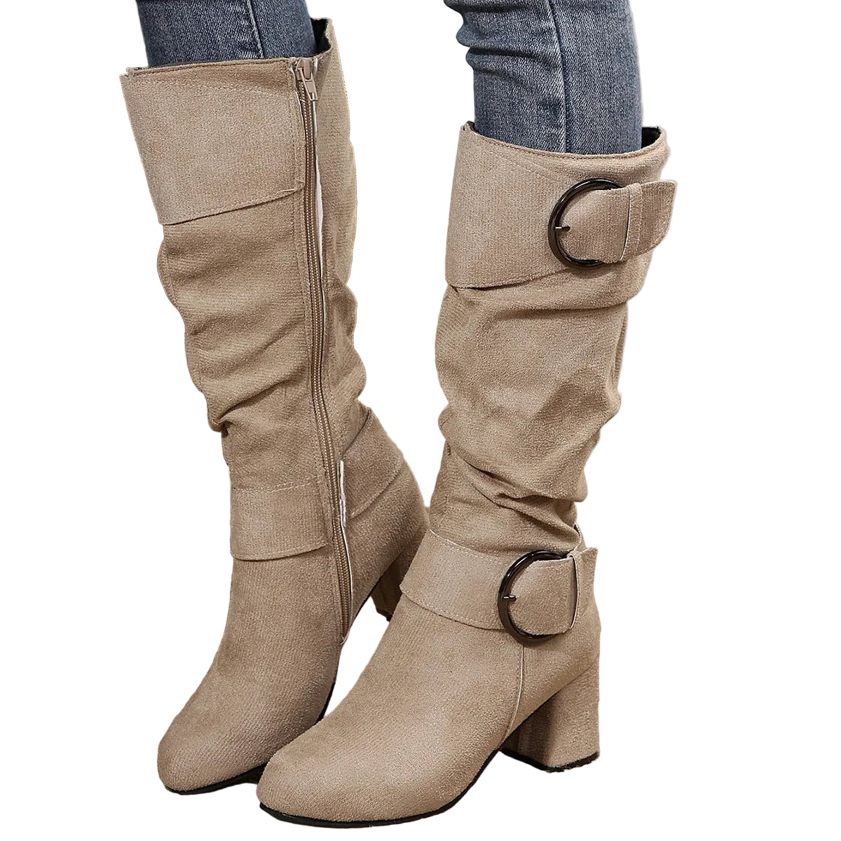 Tyra beige slouch mid-calf boots, front view