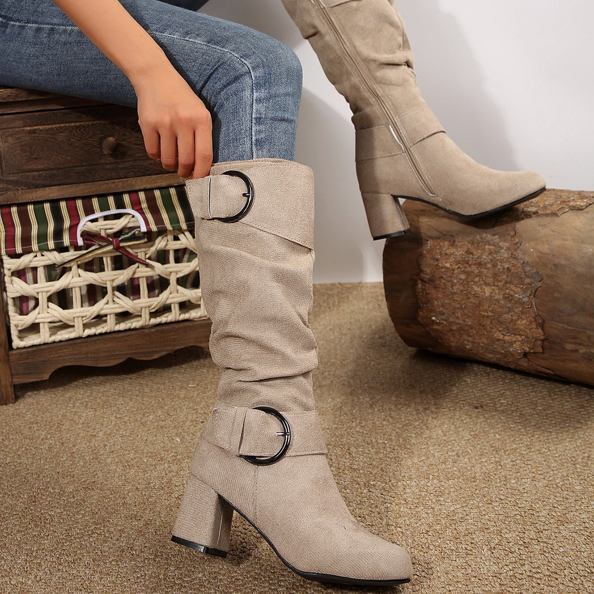 Tyra beige slouch boots with ring buckles