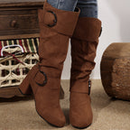 Tyra brown slouch mid-calf boots worn, front view