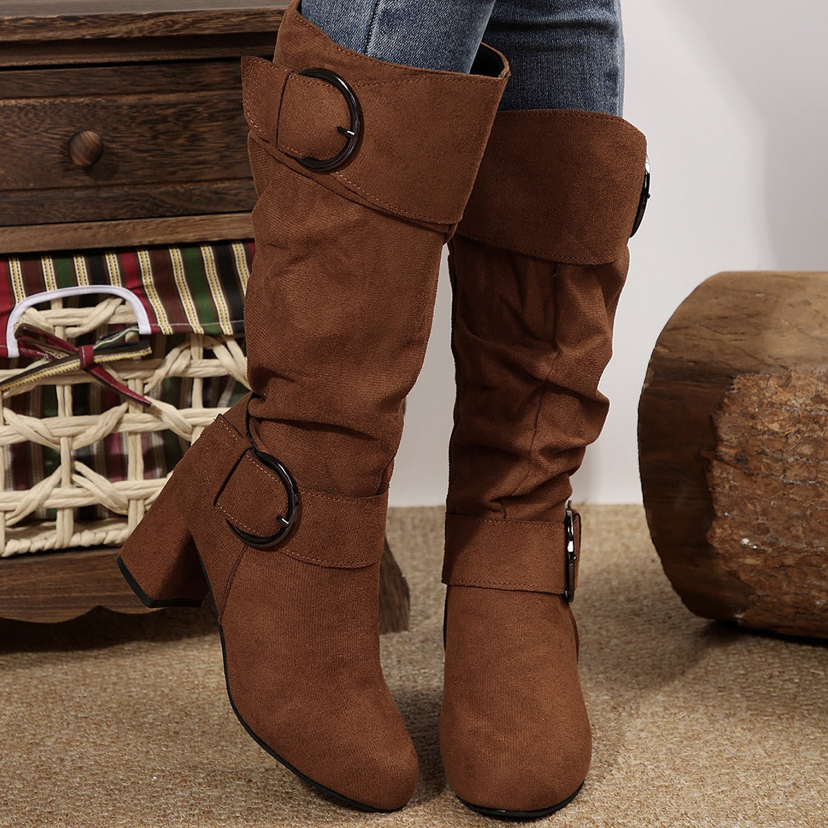 Tyra brown slouch mid-calf boots worn, front view
