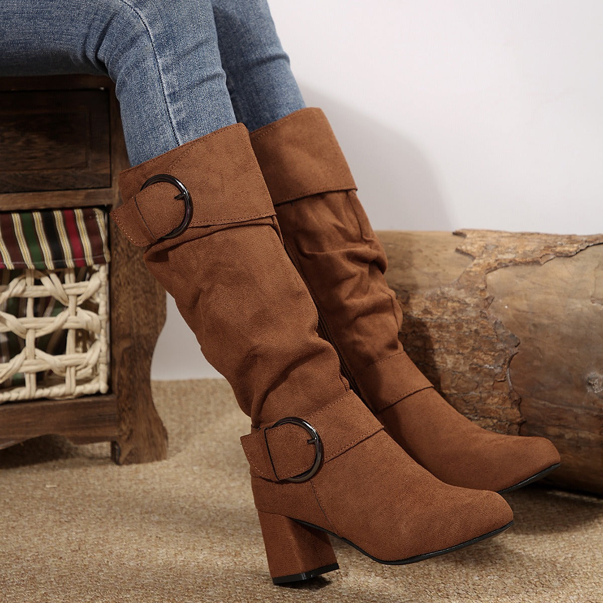 Tyra brown slouch boots with ring buckles, side view