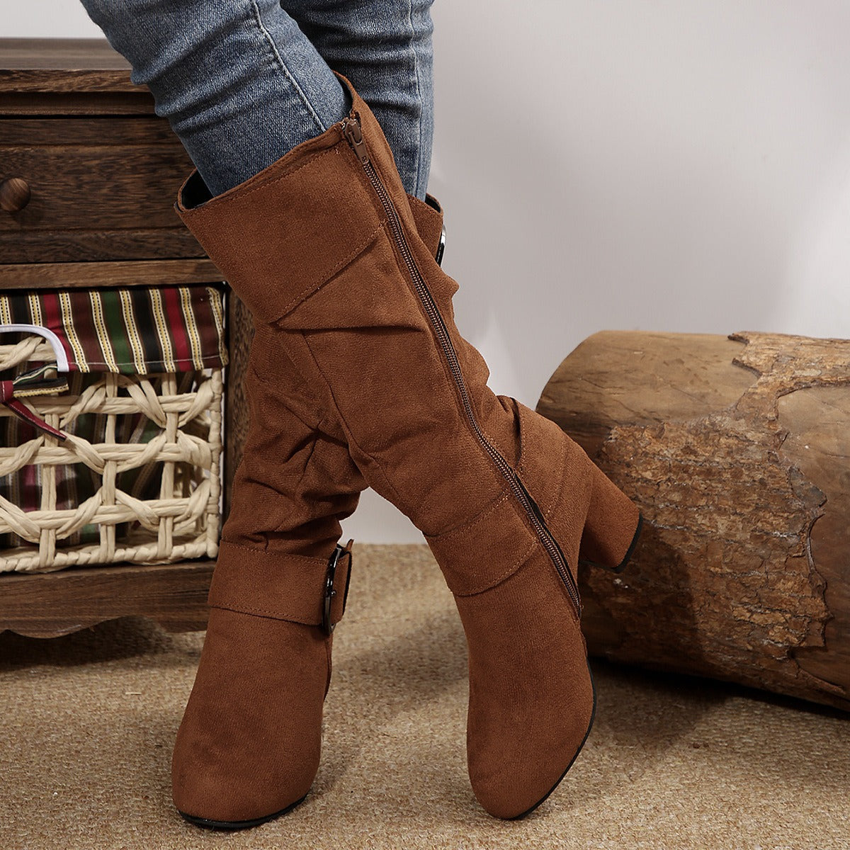 Tyra brown slouch boot side zip and block heel