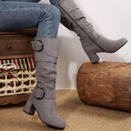Tyra grey slouch mid-calf boots with ring buckles