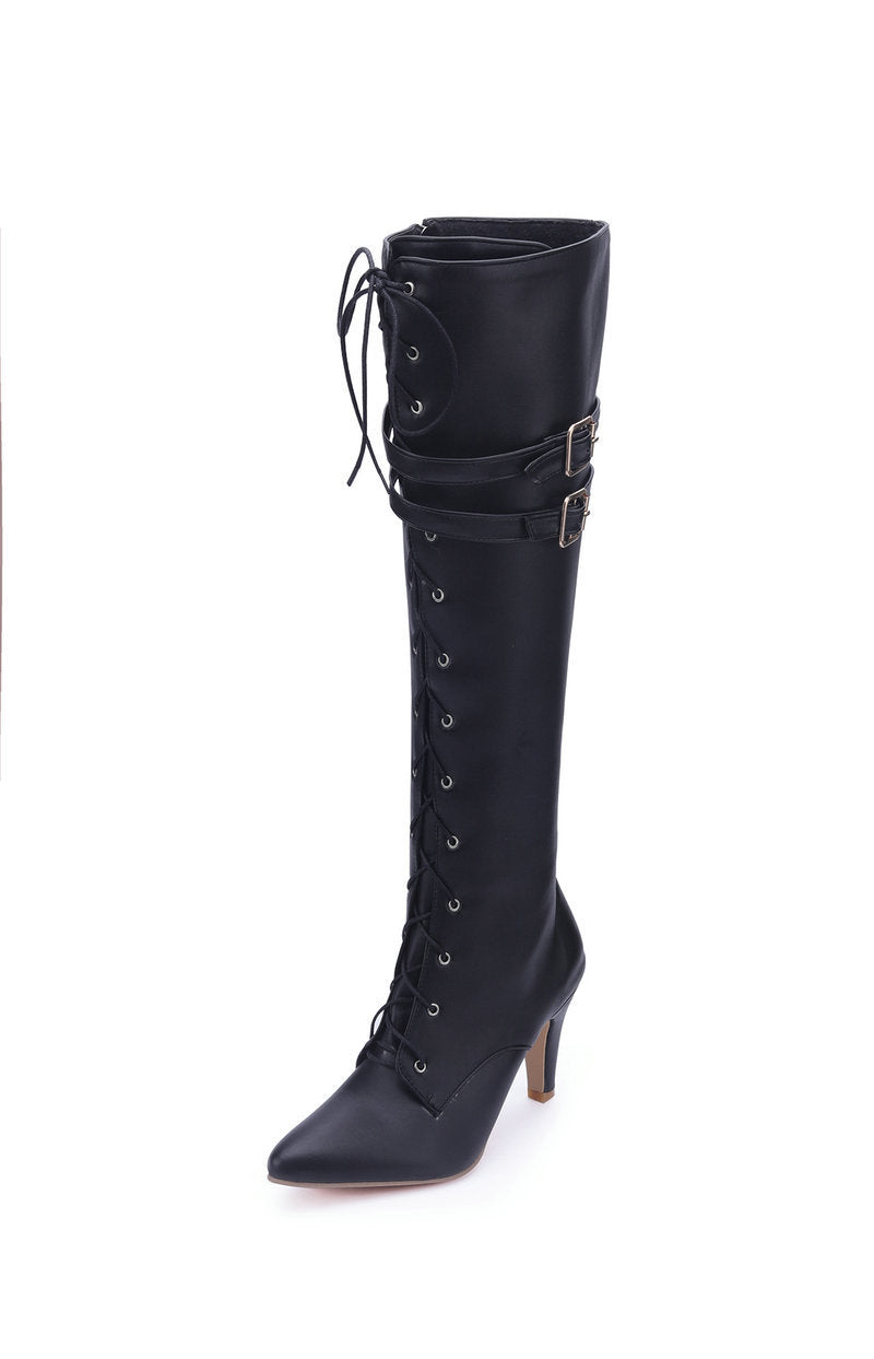 Vigdis black knee-high boot with buckle straps, side view