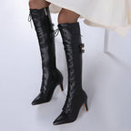 Vigdis black lace-up knee-high boots worn, front view
