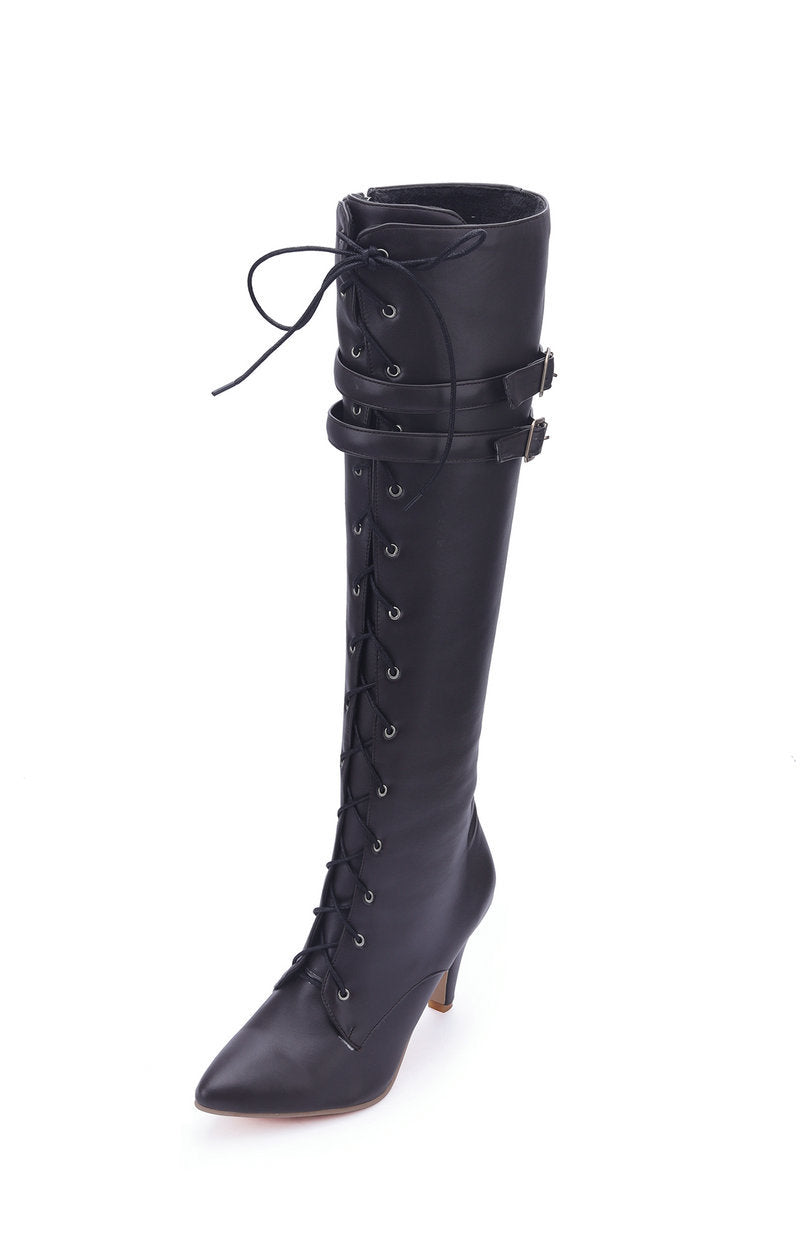 Vigdis black lace-up knee-high boot, side view