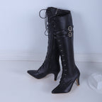 Vigdis black lace-up stiletto boots, pair side view
