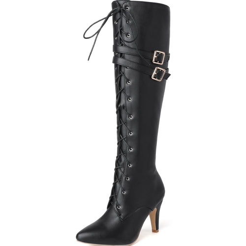 Vigdis black lace-up pointed stiletto knee-high boot with double buckle