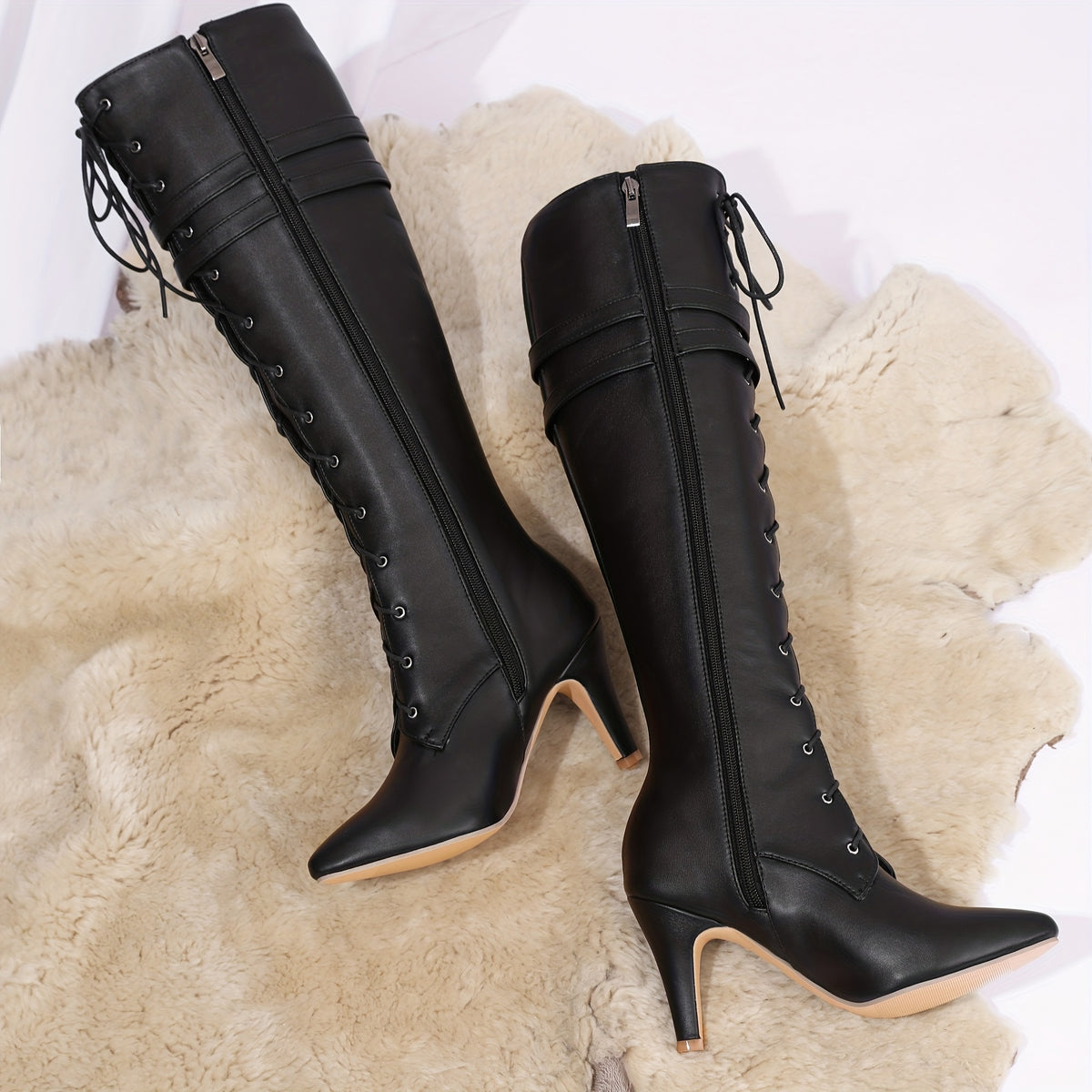 Vigdis black stiletto boots with side zip, top view