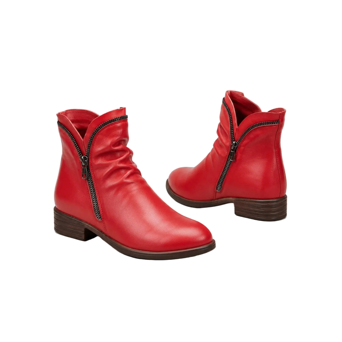 Isolde red ruched ankle boots front and back
