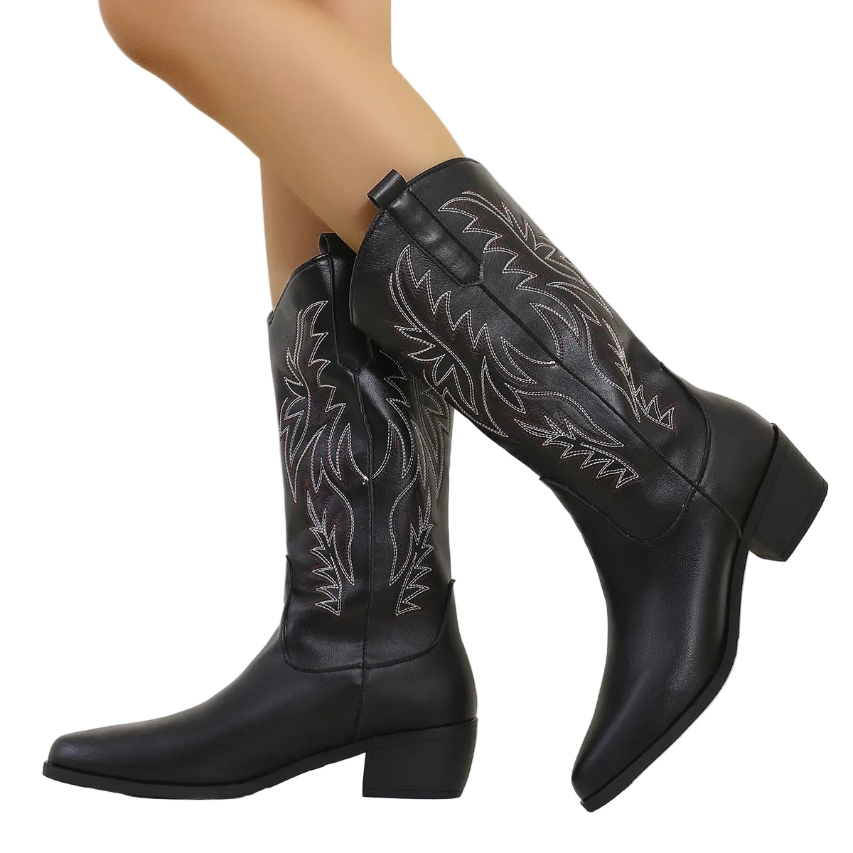 Wilhelmina black cowboy boots worn, side view