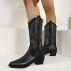 Wilhelmina black cowgirl boots worn, showing the pull tabs