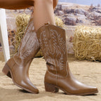 Wilhelmina brown cowgirl boots worn, side view