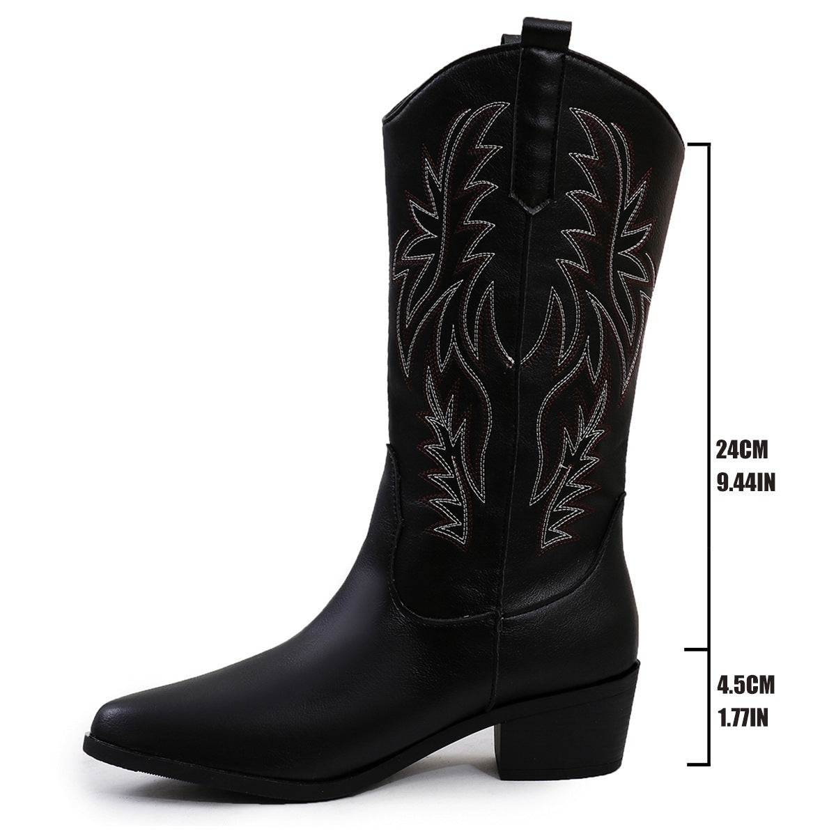 Wilhelmina black cowboy boot measurements: 24 cm shaft and 4.5 cm block heel