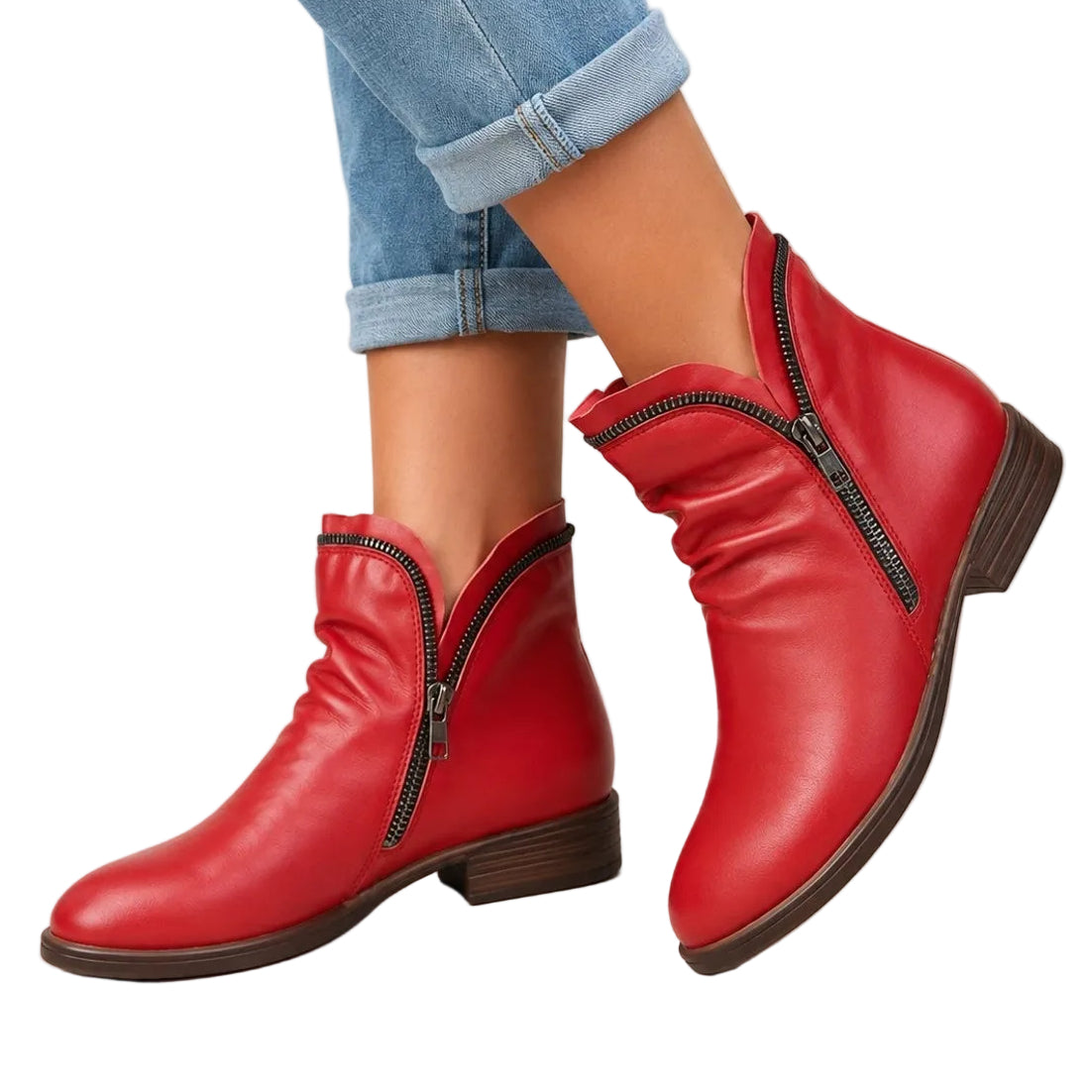 Isolde red ruched ankle boots side view worn