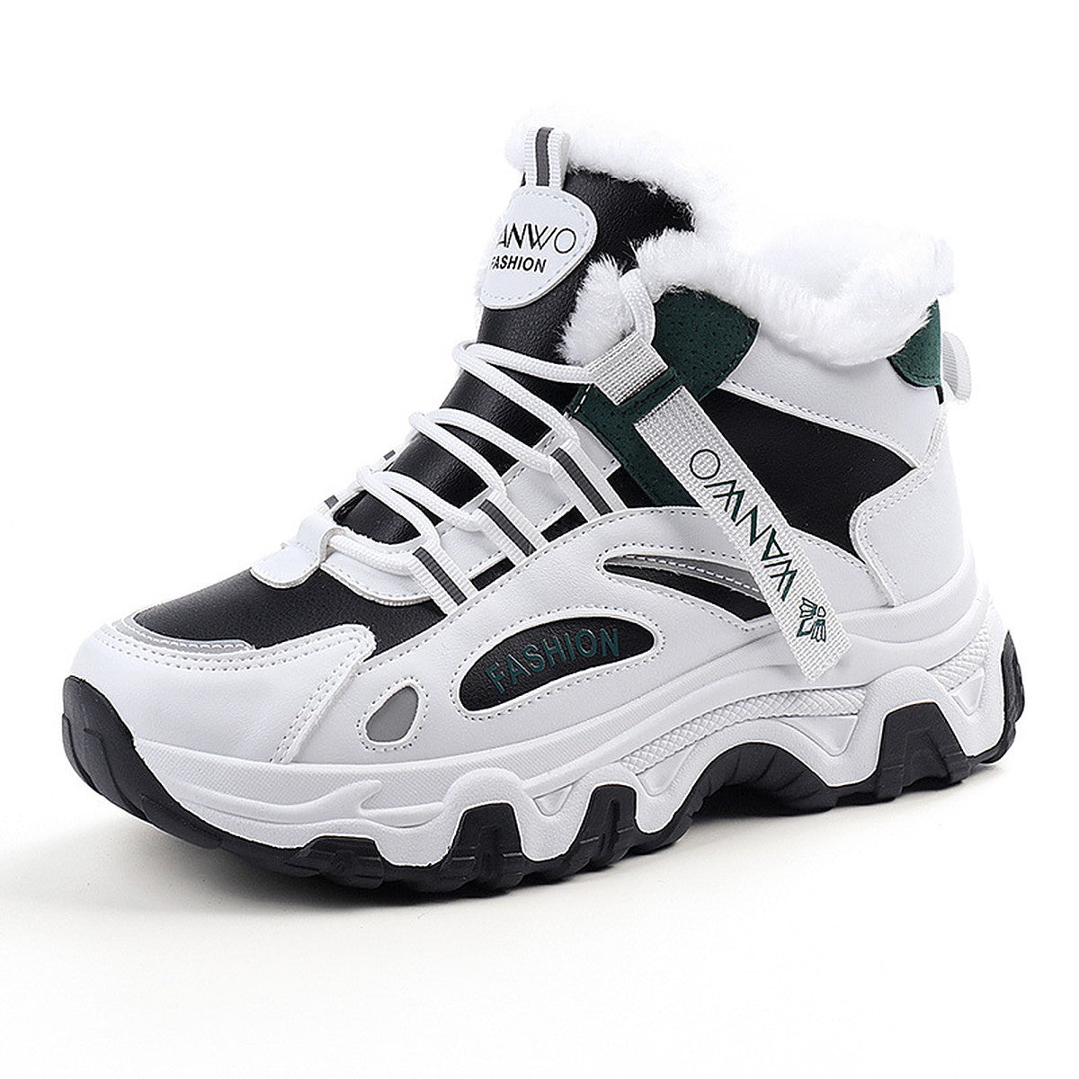 Ylva black and green chunky winter trainer, side view