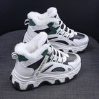 Ylva black and green high-top trainers with faux-fur collar
