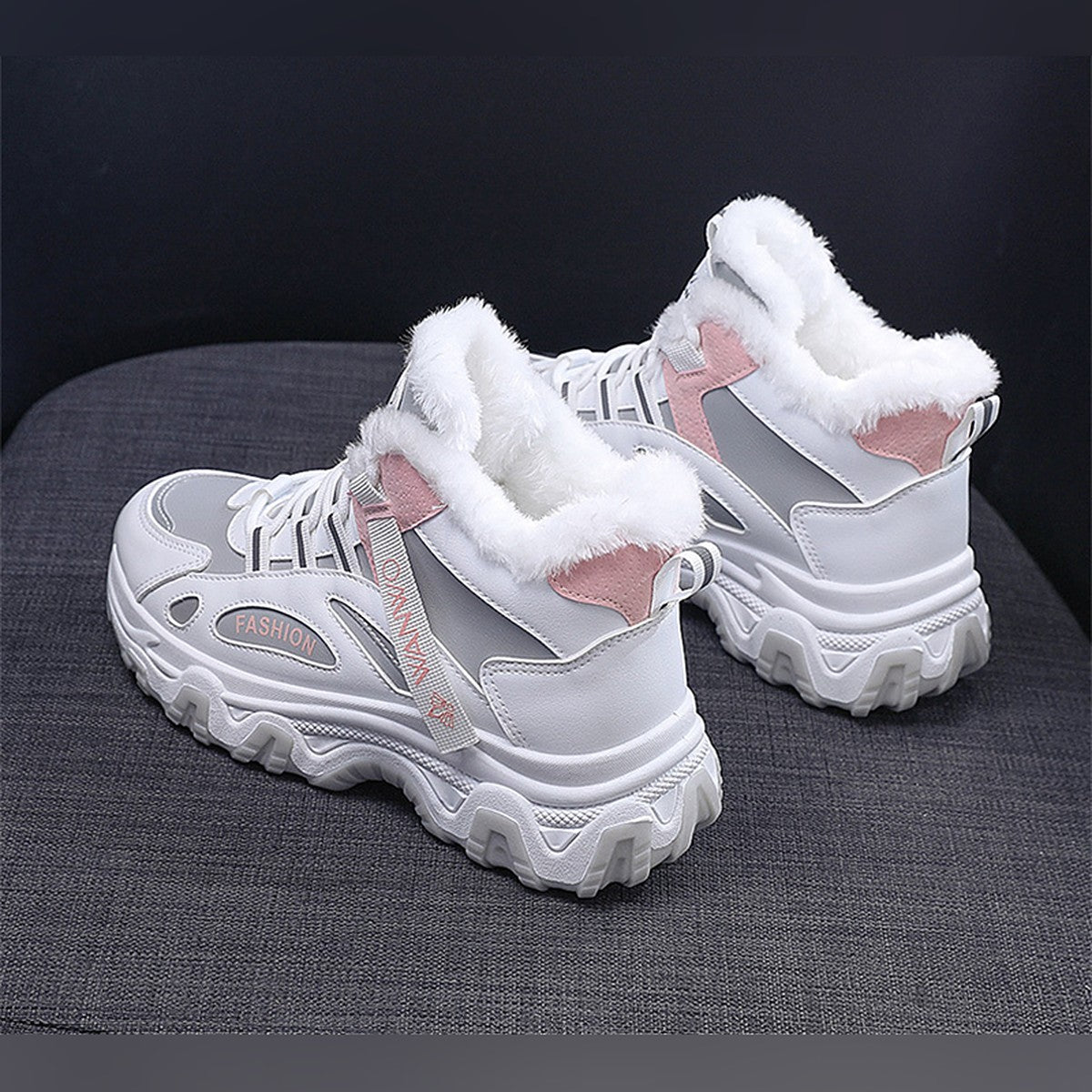 Ylva grey and pink high-top trainers, back view