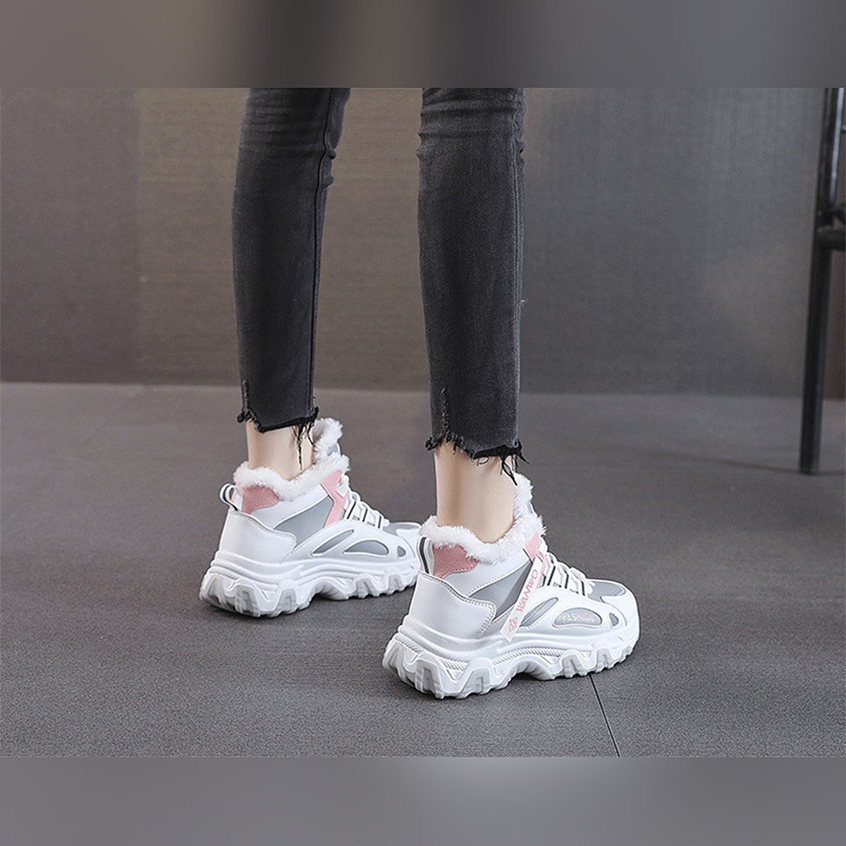 Ylva grey and pink trainers worn, back view