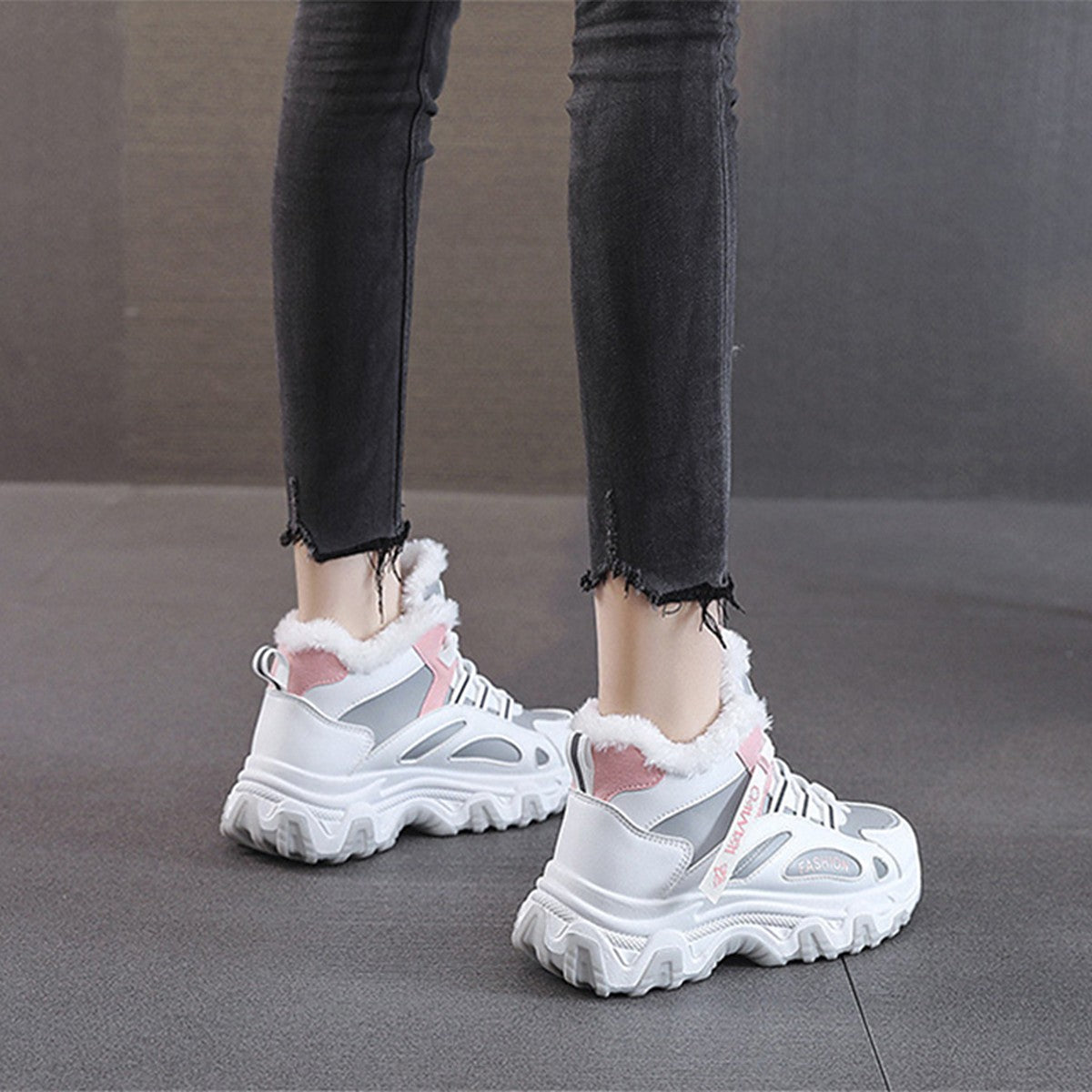 Ylva grey and pink winter trainers worn